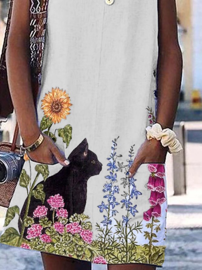 Fun Cat Floral-Print Casual U-Neck Sleeveless Weaving Dress