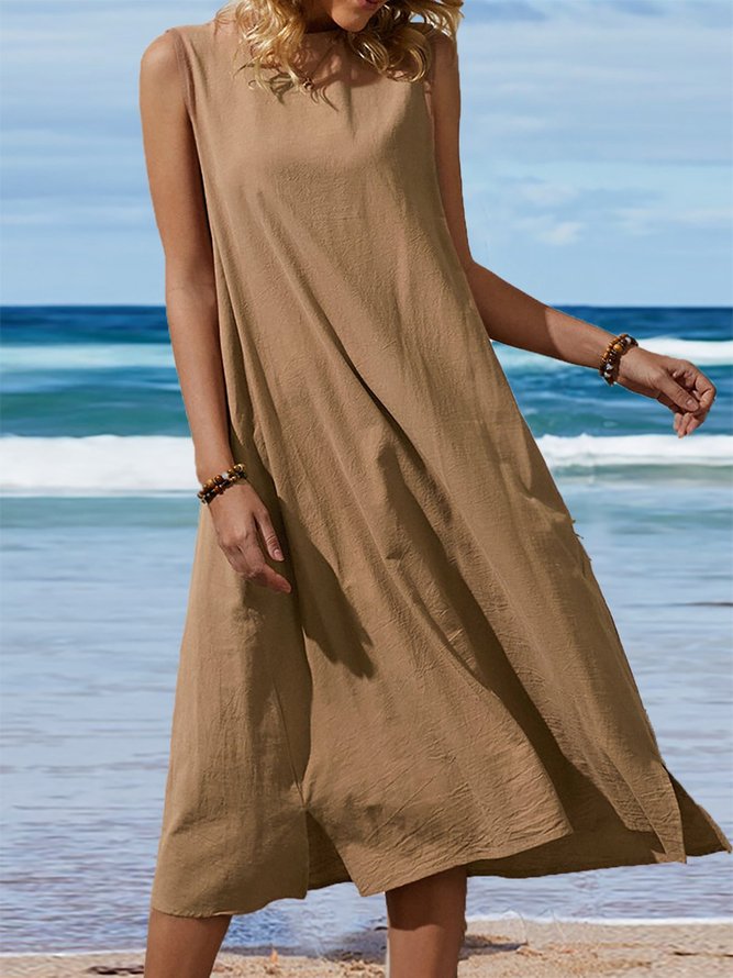 Loose Button Sleeveless Crew Neck Solid Color Vintage Dress