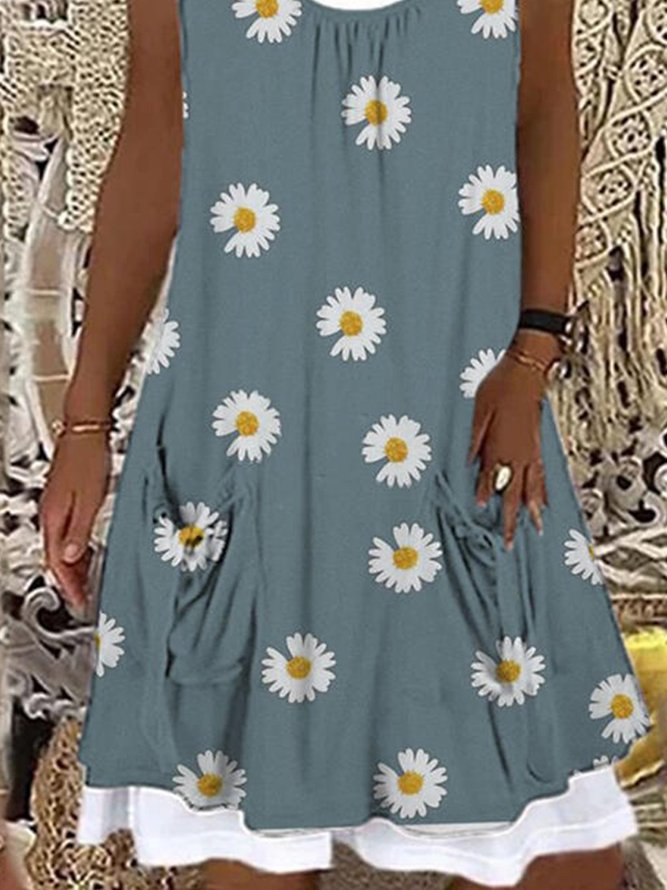 Crew Neck Sleeveless Floral Ruched Knitting Dress