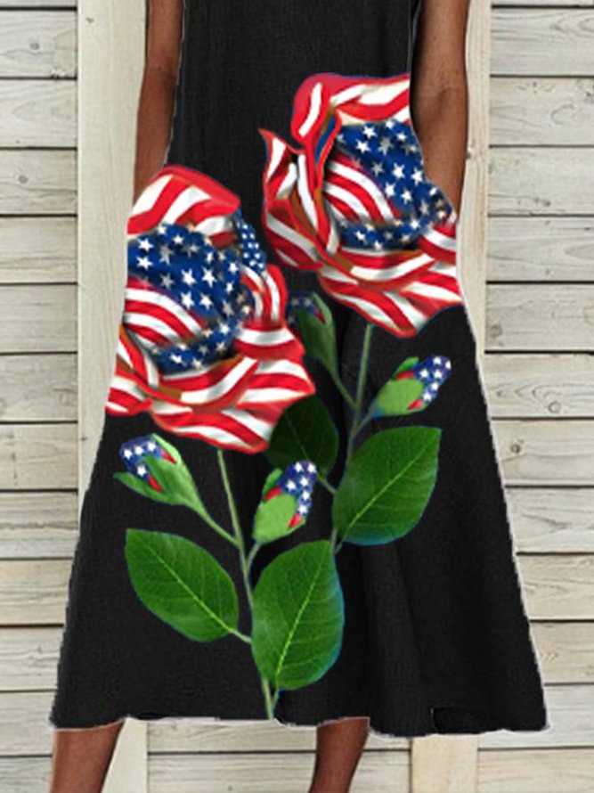 Crew Neck Floral Flag Printed Casual Sleeveless Weaving Dress