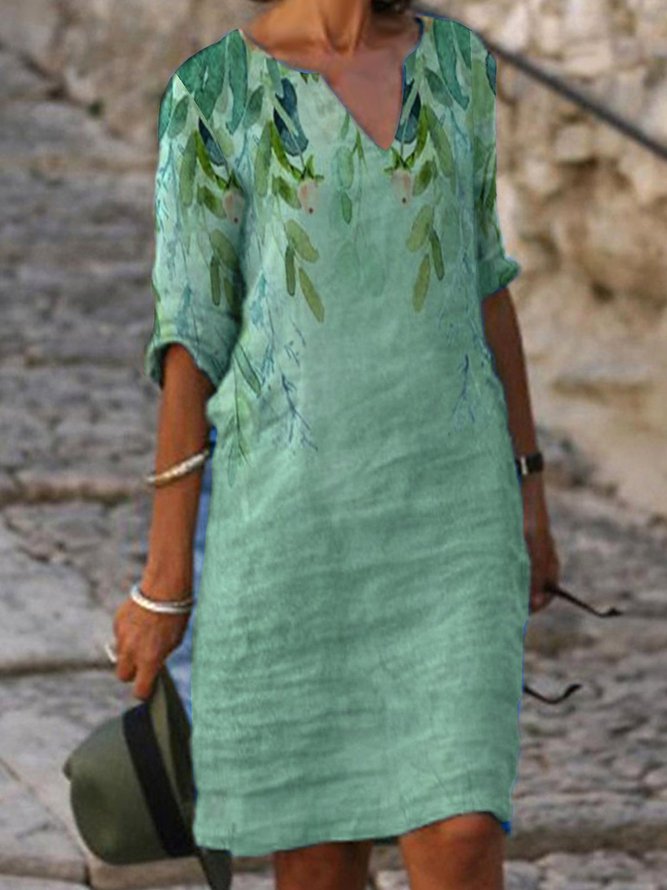 Elegant Floral-Print Cotton-Blend Half Sleeve Weaving Dress