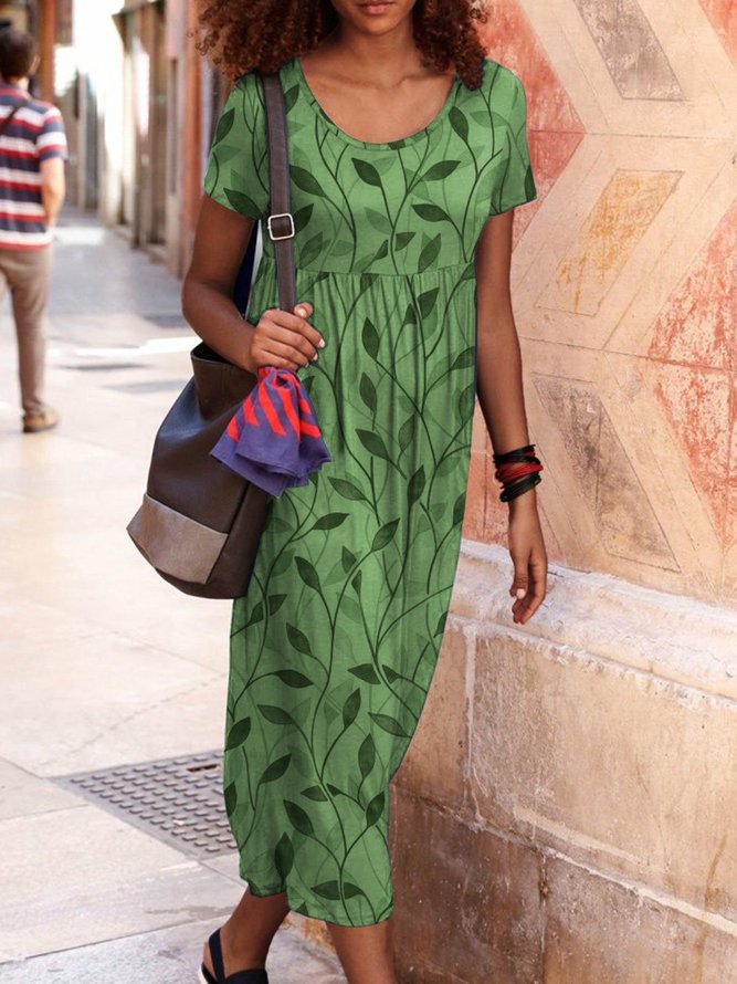 Summer Leisure Vacation Green Leaf Pattern Printing Short Sleeve Casual Plants Knitting Dress