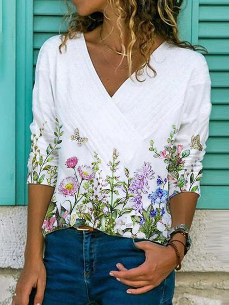 Casual Cotton-Blend Floral-Print Long Sleeve Top