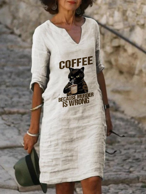 Animal Letter Cat Printed V Neck Casual Cotton-Blend Weaving Dress