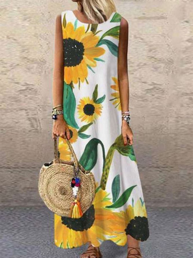 Casual A-Line Cotton-Blend Floral-Print Weaving Dress