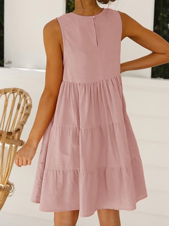 Casual Round neck Sleeveless Cake Stitching Large-length Loose Solid Weaving Dress
