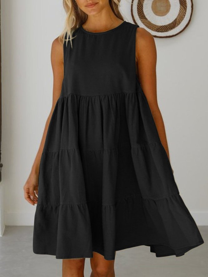 Casual Round neck Sleeveless Cake Stitching Large-length Loose Solid Weaving Dress