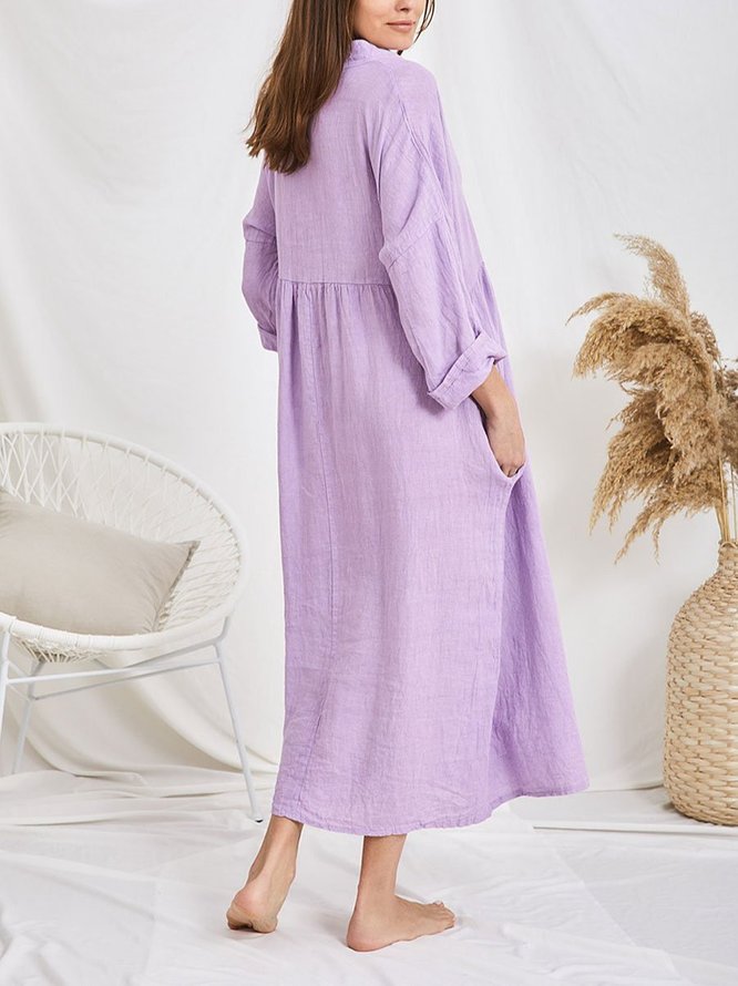 Casual Cotton-Blend Long Sleeve Plain Weaving Dress
