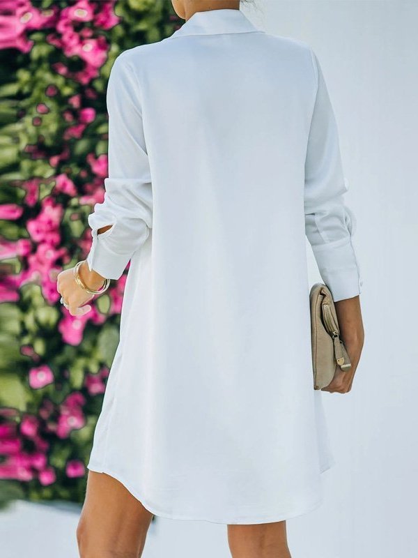 Long Sleeve Plain Shirt Collar Dress