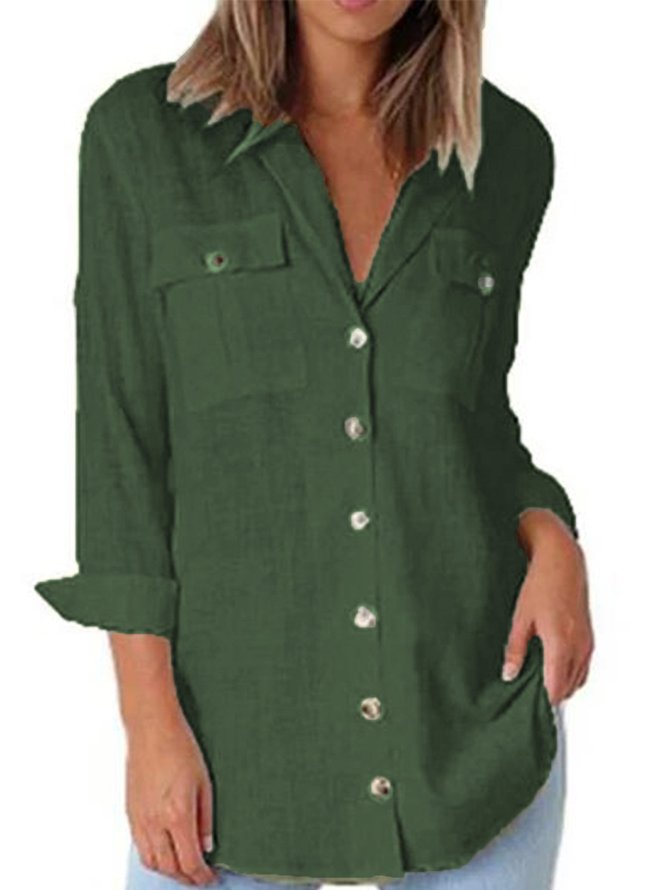 Women Plus Size Shirt Collar Long Sleeve Pockets Buttoned Chiffon Cotton-linen Blouse
