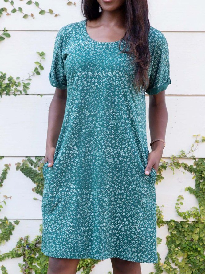 Geometric Printed Short Sleeve Crew Neck Casual Pocket Mini Knitting Dress