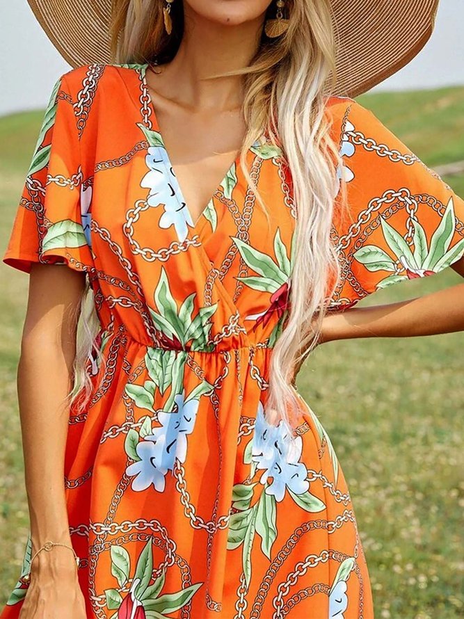 Boho Casual Floral Chain Printed A-line Loose Maxi Weaving Dress