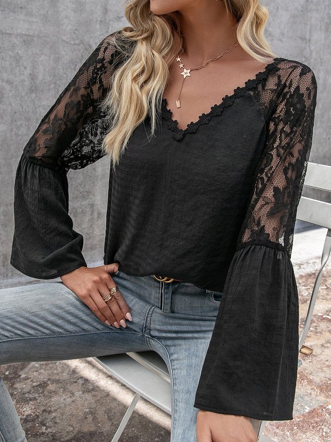 Plain Long Sleeve Guipure Lace V Neck Shirts & Tops | Clothing | Casual ...