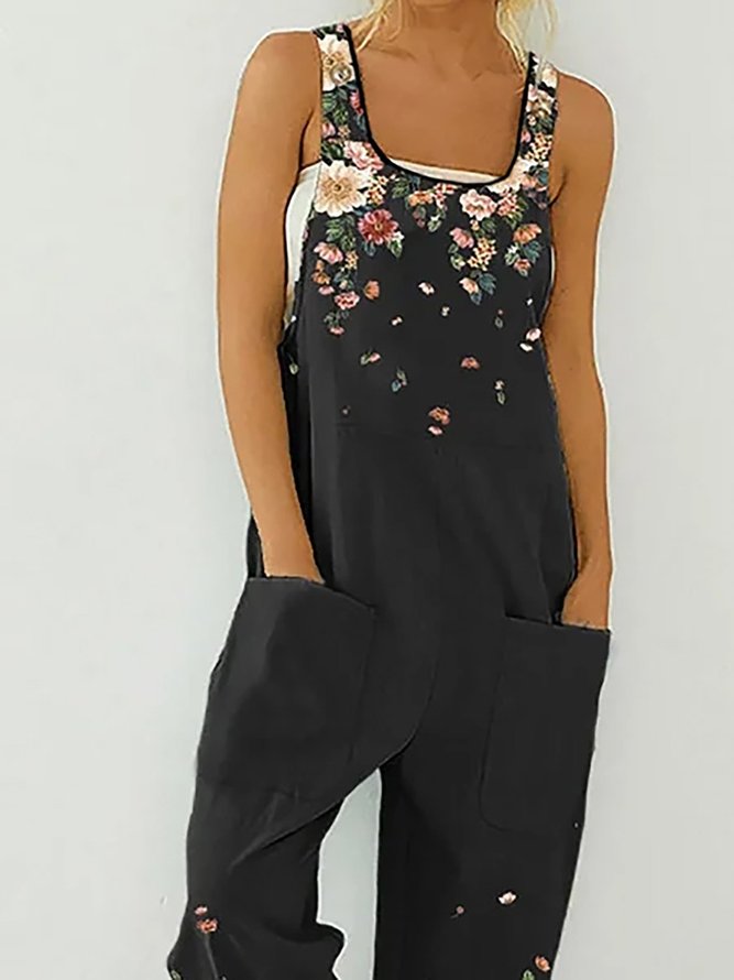 Holiday Floral Print Straps Patchwork Casual Jumpsuit With Pockets