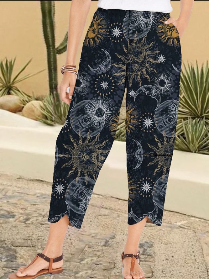 Casual and simple starry sky sun moon print pants | roselinlin