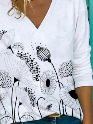Floral Long Sleeve V Neck Cotton-Blend Casual Shirts & Tops