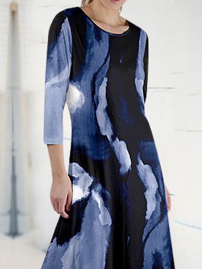 Abstract 3/4 Sleeve Printed Long Dresses