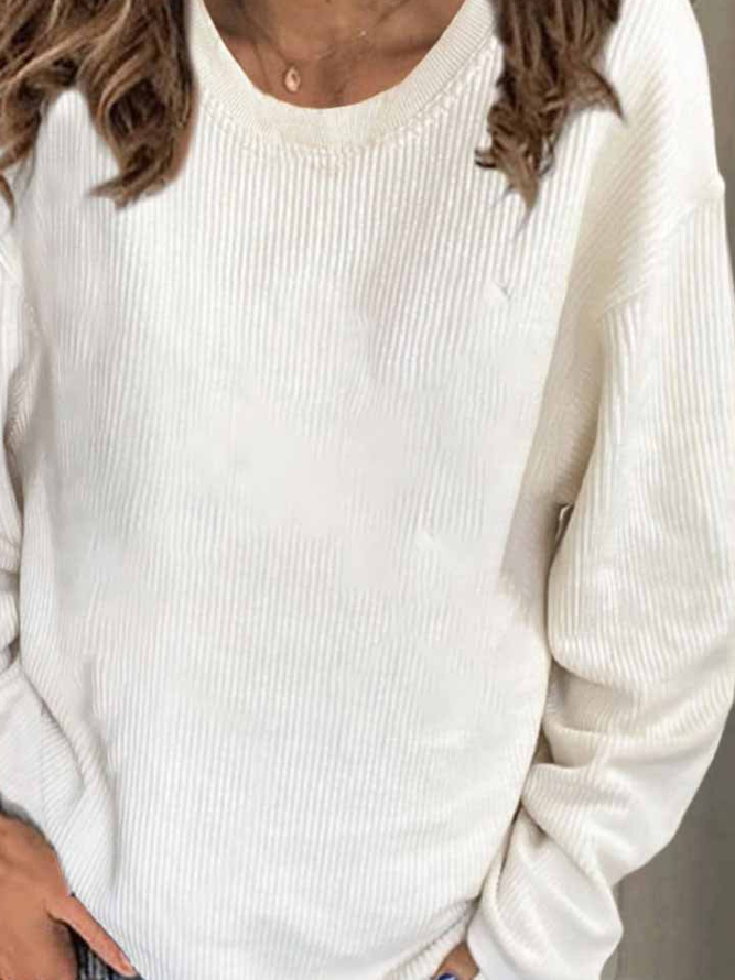 Long Sleeve Cotton-Blend Plain Crew Neck Shirt & Top