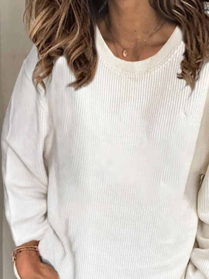 Long Sleeve Cotton-Blend Plain Crew Neck Shirt & Top