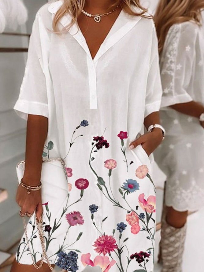 Floral Holiday Half Sleeve Cotton-Blend Dress