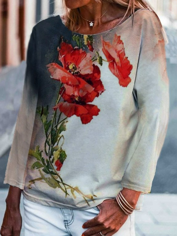 Casual Floral Print Long Sleeve T-shirt Women