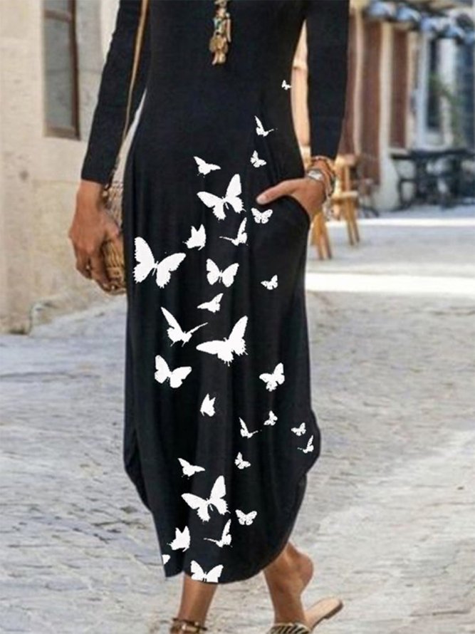 Long Sleeve Crew Neck Butterfly Casual Dress