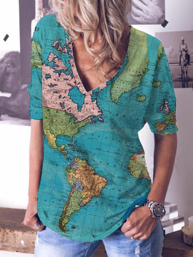Casual Long Sleeve Map Floral-Print Shirts & Tops