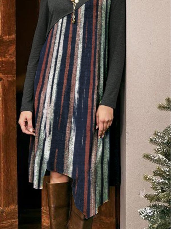 Geometric Long Sleeve Shift Cotton-Blend Knitting Dress