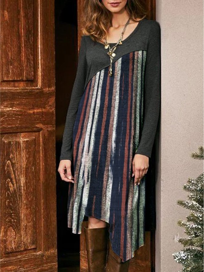 Geometric Long Sleeve Shift Cotton-Blend Knitting Dress