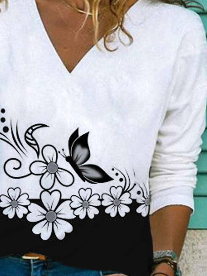 Cotton-Blend Casual Floral Shirt & Top