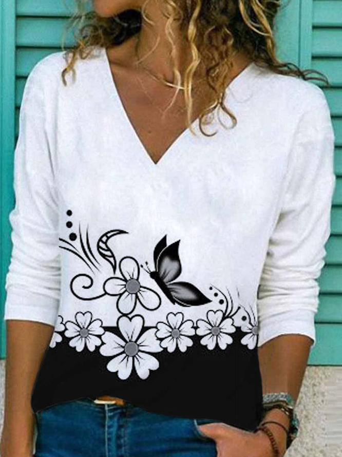 Cotton-Blend Casual Floral Shirt & Top
