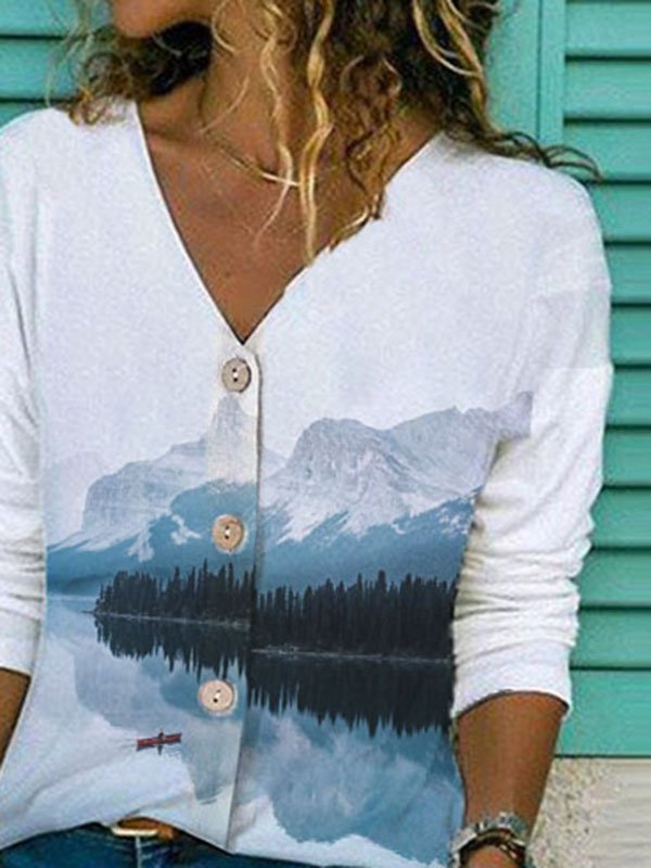 Long Sleeve Cotton-Blend Graphic Printed Shirts & Tops