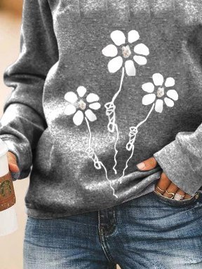 Casual and simple floral print round neck long-sleeved polyester cotton Sweatshirtss