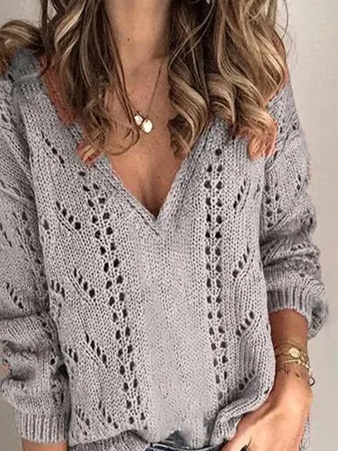 Women Casual Plain Autumn V neck Acrylic Daily Long sleeve Loose Regular Sweater