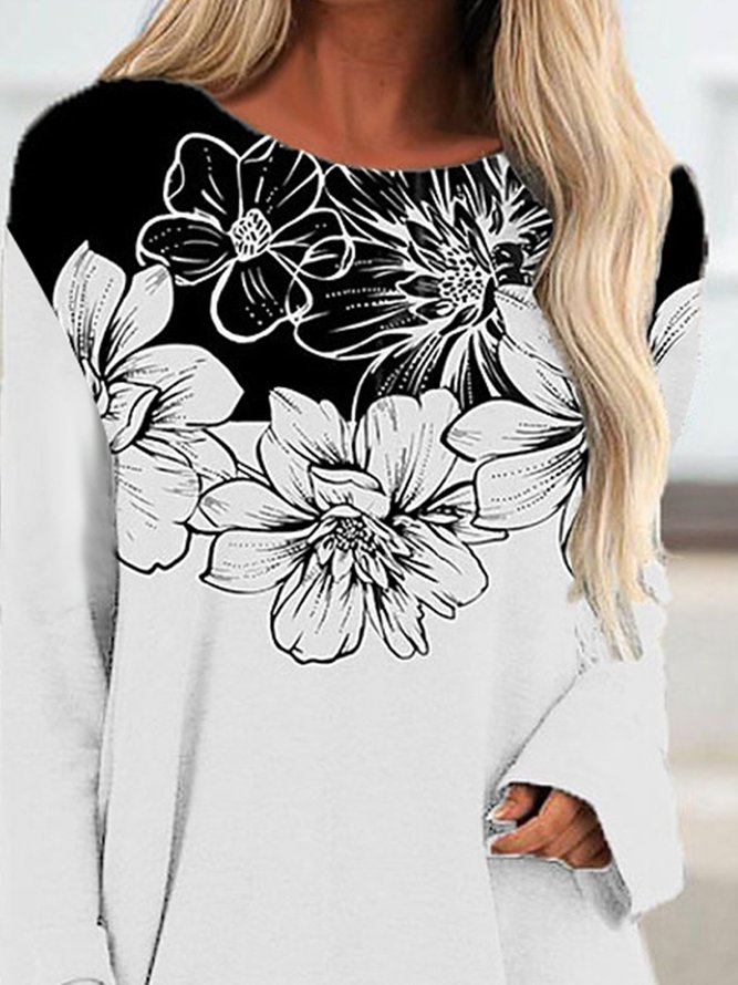 Crew Neck Casual Long Sleeve Floral-Print Shirts & Tops