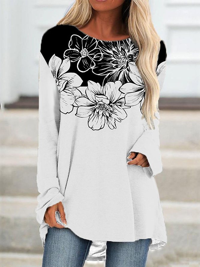 Crew Neck Casual Long Sleeve Floral-Print Shirts & Tops