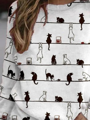 Women Casual Cute Cat Crew Neck Long Sleeve Shirts & Tops