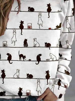 Women Casual Cute Cat Crew Neck Long Sleeve Shirt & Top