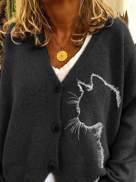 Women Casual Animal Autumn V neck Micro-Elasticity Daily Long sleeve Fit Long Sweater Coat