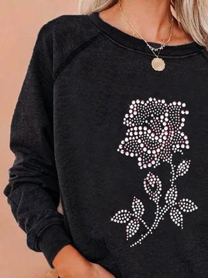 Cotton-Blend Crew Neck Long Sleeve Floral Sweatshirt