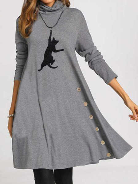 Cute Cat Shift Long Sleeve Cotton-Blend Casual Knitting Dress