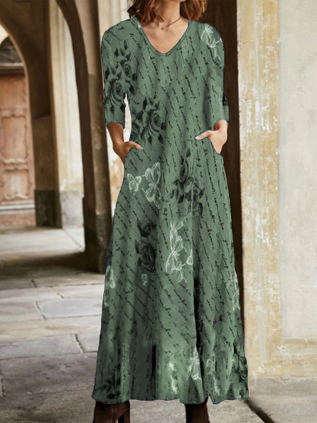 Floral Cotton-Blend Long Sleeve Casual Dresses