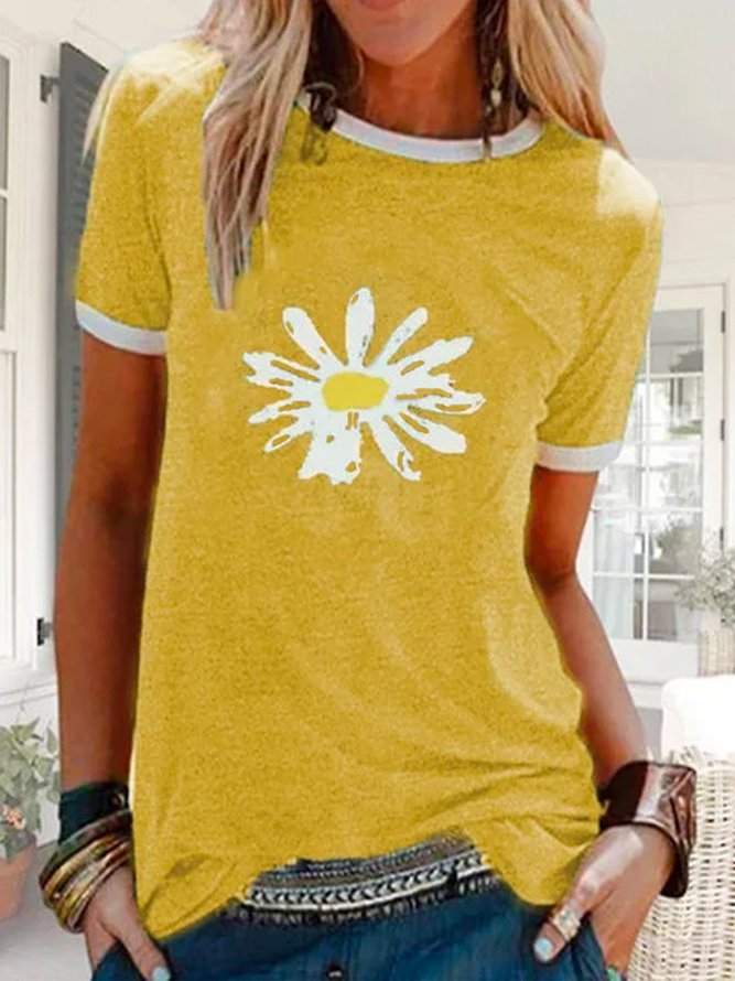 Summer Casual Floral DaisyPrinted Short Sleeve Crew Neck T-shirt