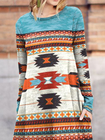Cotton-Blend Long Sleeve Graphic Dress