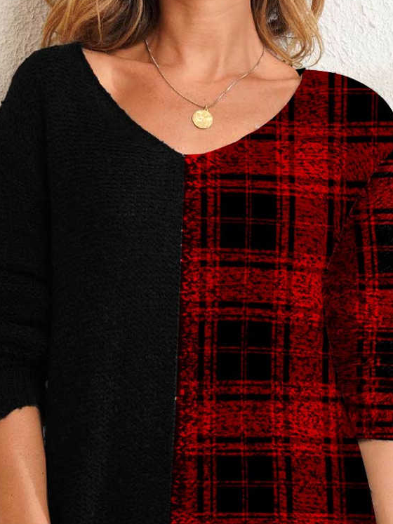 Casual Plaid Stitching V Neck Long Sleeve Top