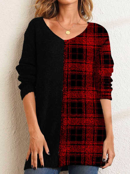 Casual Plaid Stitching V Neck Long Sleeve Top