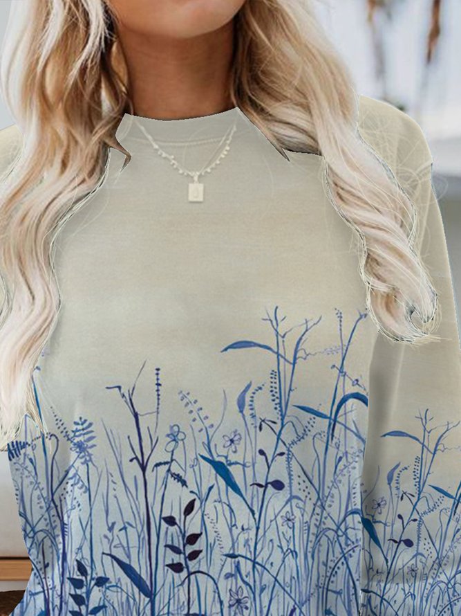 Round neck long sleeve Vintage flower field sweater T-shirt