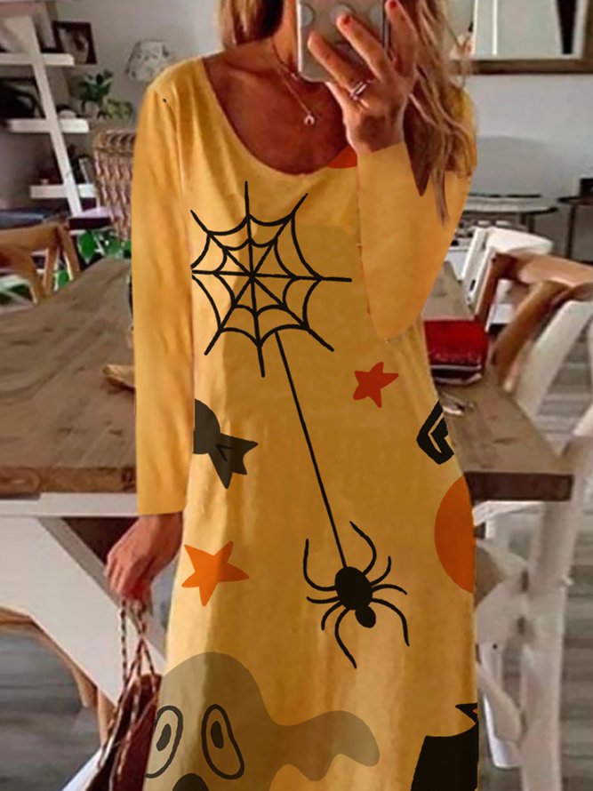 Halloween Printed Side Fork Round Neck Long-sleeved Dresses