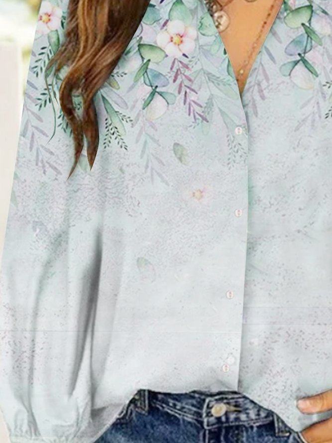 Long sleeve stand collar gradient Vintage plant flower print Top shirt