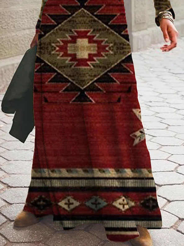 Retro Geometric Print Long Sleeve Winter Maxi Dress